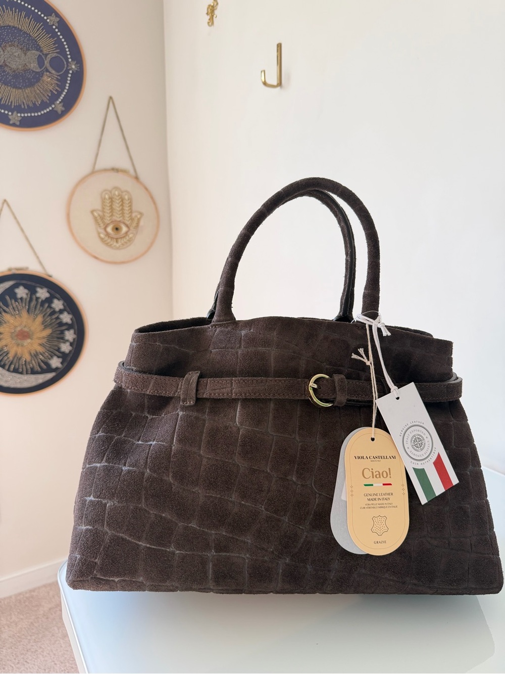 Dark Brown Suede crocodile embossed satchel Bag with gold Buckle and strap